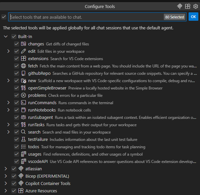 VS Code showing available Copilot tools including MCP server integrations